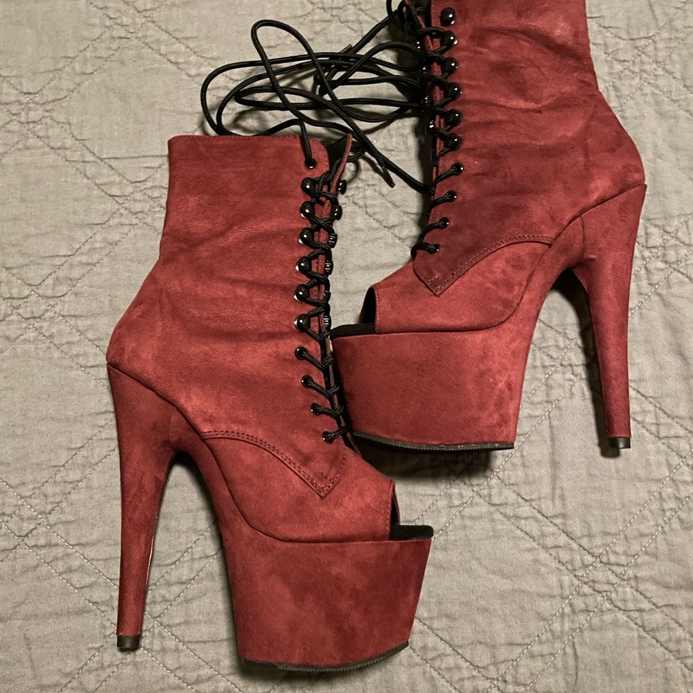 Pleaser Adore Peep-Toe Boots 7 inch Burgundy Faux Suede Size 7